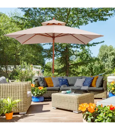 Sombrilla de Jardín 3x3x3 m con Doble Techo Sistema de Polea Impermeable para Terraza Balcón Exterior Beige