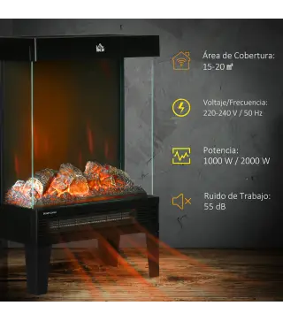 Chimenea Eléctrica 1000W/2000W Calentador de Chimenea con Llama LED Ajustable hasta 15-20 m² 40,5x20x62 cm Negro