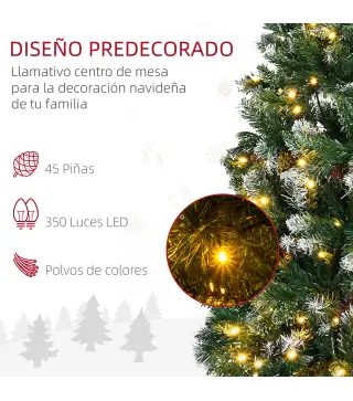 Árbol de Navidad Artificial con Luces LED Altura 230 cm con 1051 Ramas 45 Piñas Apertura Automática Base Plegable