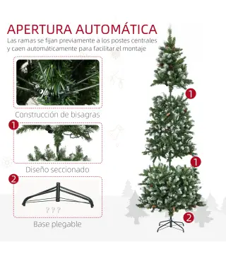Árbol de Navidad Artificial con Luces LED Altura 230 cm con 1051 Ramas 45 Piñas Apertura Automática Base Plegable
