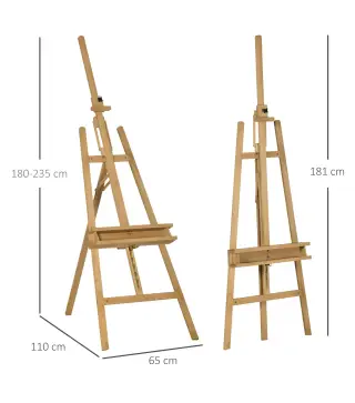 Caballete de pintura plegable en haya con altura y ángulo ajustables 65x110x180-235 cm Madera Natural