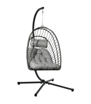 Silla Colgante Plegable con Soporte y 2 Cojines Carga 100 kg para Interior y Exterior en Acabado de Ratán PE Gris Oscuro