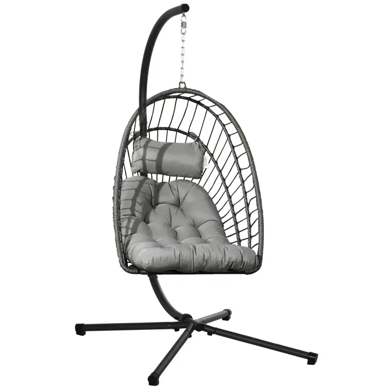 Silla Colgante Plegable con Soporte y 2 Cojines Carga 100 kg para Interior y Exterior en Acabado de Ratán PE Gris Oscuro Silla Colgante Plegable con Soporte y 2 Cojines Carga 100 kg para Interior y Exterior en Acabado de Ratán PE Gris Oscuro