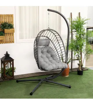 Silla Colgante Plegable con Soporte y 2 Cojines Carga 100 kg para Interior y Exterior en Acabado de Ratán PE Gris Oscuro