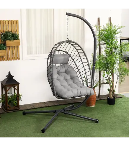 Silla Colgante Plegable con Soporte y 2 Cojines Carga 100 kg para Interior y Exterior en Acabado de Ratán PE Gris Oscuro