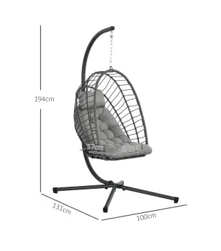 Silla Colgante Plegable con Soporte y 2 Cojines Carga 100 kg para Interior y Exterior en Acabado de Ratán PE Gris Oscuro