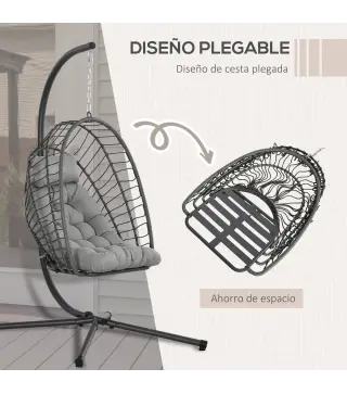 Silla Colgante Plegable con Soporte y 2 Cojines Carga 100 kg para Interior y Exterior en Acabado de Ratán PE Gris Oscuro