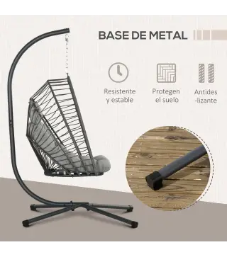 Silla Colgante Plegable con Soporte y 2 Cojines Carga 100 kg para Interior y Exterior en Acabado de Ratán PE Gris Oscuro