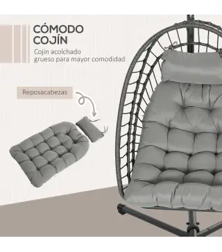 Silla Colgante Plegable con Soporte y 2 Cojines Carga 100 kg para Interior y Exterior en Acabado de Ratán PE Gris Oscuro