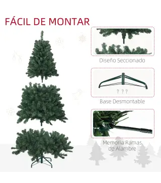 Árbol de Navidad Artificial 180 cm con 760 Ramas de Alambre de Memoria y Base Plegable Árbol de Navideño Verde