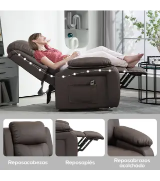 Sillón Relax Levanta Personas Sillón Elevador con Control Remoto Reclinación 160° Reposapiés 76x90x105cm Marrón