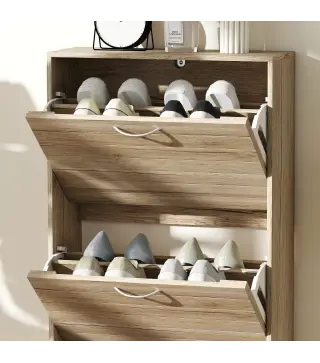 Zapatero Estrecho con 3 Puertas Abatibles Zapatero Entrada Recibidor Estantes Ajustables para 12 Pares de Zapatos Roble