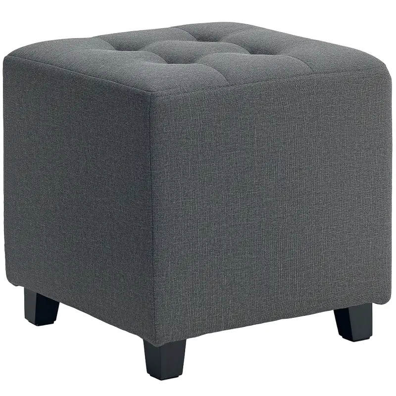 Reposapiés de Salón Taburete Bajo Tapizado en Lino con Bolsillo Lateral y Tapa con Botones Acolchados Gris