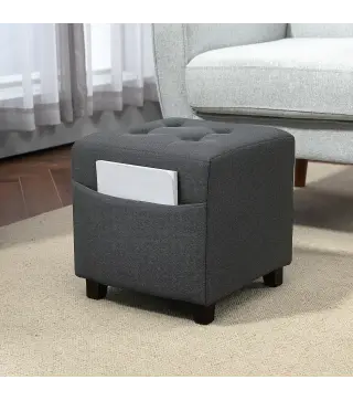 Reposapiés de Salón Taburete Bajo Tapizado en Lino con Bolsillo Lateral y Tapa con Botones Acolchados Gris
