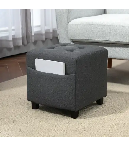 Reposapiés de Salón Taburete Bajo Tapizado en Lino con Bolsillo Lateral y Tapa con Botones Acolchados Gris