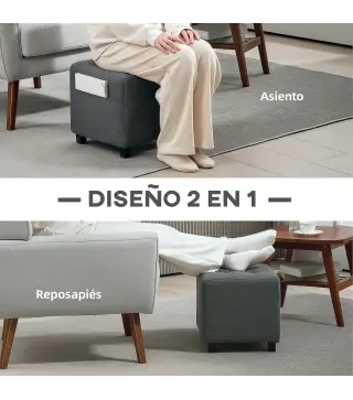 Reposapiés de Salón Taburete Bajo Tapizado en Lino con Bolsillo Lateral y Tapa con Botones Acolchados Gris