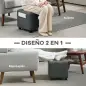 Reposapiés de Salón Taburete Bajo Tapizado en Lino con Bolsillo Lateral y Tapa con Botones Acolchados Gris