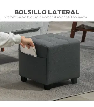 Reposapiés de Salón Taburete Bajo Tapizado en Lino con Bolsillo Lateral y Tapa con Botones Acolchados Gris