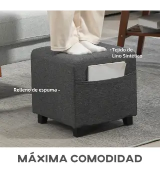 Reposapiés de Salón Taburete Bajo Tapizado en Lino con Bolsillo Lateral y Tapa con Botones Acolchados Gris