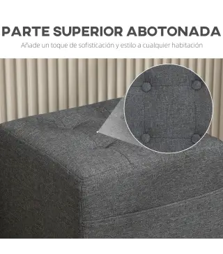 Reposapiés de Salón Taburete Bajo Tapizado en Lino con Bolsillo Lateral y Tapa con Botones Acolchados Gris
