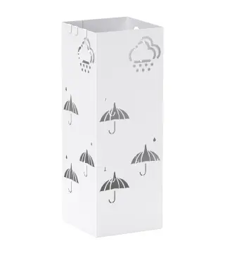 Paragüero de Acero con Bandeja Recoge Gotas Ganchos para Paraguas Plegables y Diseño Decorativo 15,5x15,5x41 cm Blanco