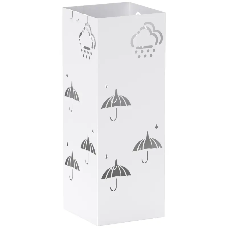 Paragüero de Acero con Bandeja Recoge Gotas Ganchos para Paraguas Plegables y Diseño Decorativo 15,5x15,5x41 cm Blanco