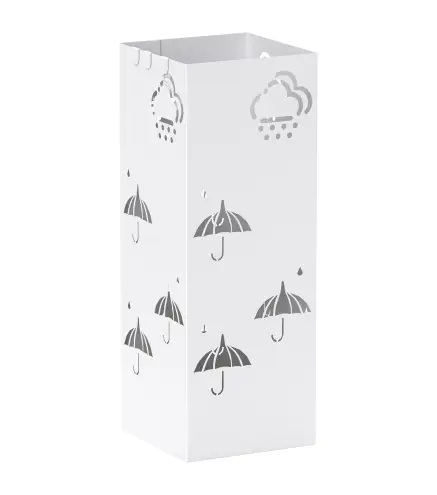 Paragüero de Acero con Bandeja Recoge Gotas Ganchos para Paraguas Plegables y Diseño Decorativo 15,5x15,5x41 cm Blanco