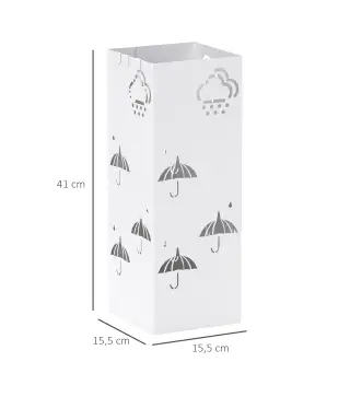Paragüero de Acero con Bandeja Recoge Gotas Ganchos para Paraguas Plegables y Diseño Decorativo 15,5x15,5x41 cm Blanco
