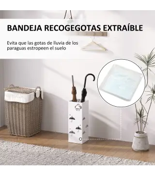 Paragüero de Acero con Bandeja Recoge Gotas Ganchos para Paraguas Plegables y Diseño Decorativo 15,5x15,5x41 cm Blanco