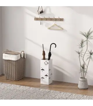 Paragüero de Acero con Bandeja Recoge Gotas Ganchos para Paraguas Plegables y Diseño Decorativo 15,5x15,5x41 cm Blanco