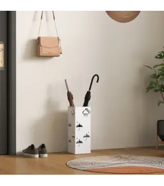 Paragüero de Acero con Bandeja Recoge Gotas Ganchos para Paraguas Plegables y Diseño Decorativo 15,5x15,5x41 cm Blanco