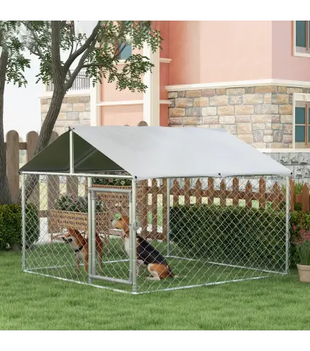 Jaula de Exterior para Perros Medianos con Cerradura Marco de Acero Toldo Impermeable y Anti-UV 200x200x150 cm Plata