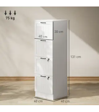 Mueble Archivador con 4 Cajones Cerraduras Carpetas A4 y Carta 40x40x131 cm Blanco