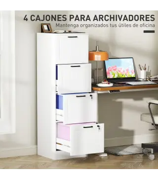 Mueble Archivador con 4 Cajones Cerraduras Carpetas A4 y Carta 40x40x131 cm Blanco