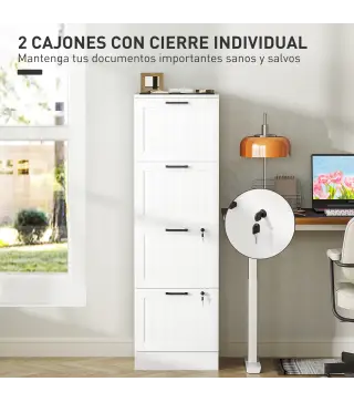 Mueble Archivador con 4 Cajones Cerraduras Carpetas A4 y Carta 40x40x131 cm Blanco