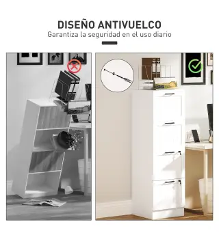 Mueble Archivador con 4 Cajones Cerraduras Carpetas A4 y Carta 40x40x131 cm Blanco