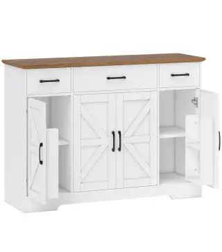 Aparador de Cocina Rústico 4 Estantes de Puerta Estantes Ajustables 3 Cajones 120x38x87 cm Blanco y Nogal