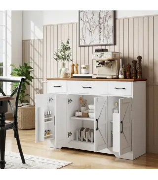Aparador de Cocina Rústico 4 Estantes de Puerta Estantes Ajustables 3 Cajones 120x38x87 cm Blanco y Nogal