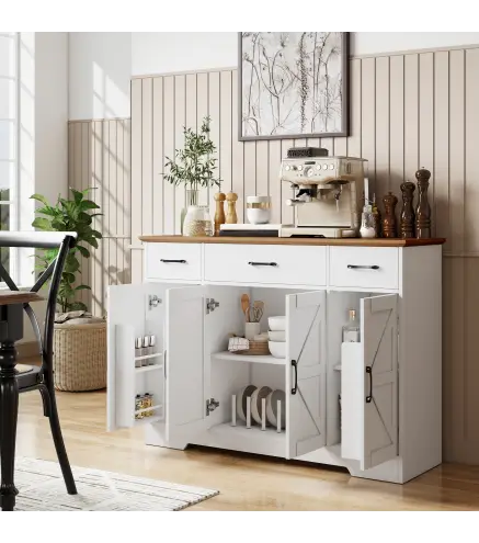 Aparador de Cocina Rústico 4 Estantes de Puerta Estantes Ajustables 3 Cajones 120x38x87 cm Blanco y Nogal