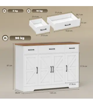 Aparador de Cocina Rústico 4 Estantes de Puerta Estantes Ajustables 3 Cajones 120x38x87 cm Blanco y Nogal