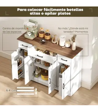 Aparador de Cocina Rústico 4 Estantes de Puerta Estantes Ajustables 3 Cajones 120x38x87 cm Blanco y Nogal