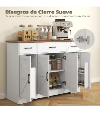 Aparador de Cocina Rústico 4 Estantes de Puerta Estantes Ajustables 3 Cajones 120x38x87 cm Blanco y Nogal