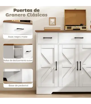 Aparador de Cocina Rústico 4 Estantes de Puerta Estantes Ajustables 3 Cajones 120x38x87 cm Blanco y Nogal