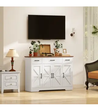 Aparador de Cocina Rústico 4 Estantes de Puerta Estantes Ajustables 3 Cajones 120x38x87 cm Blanco y Nogal