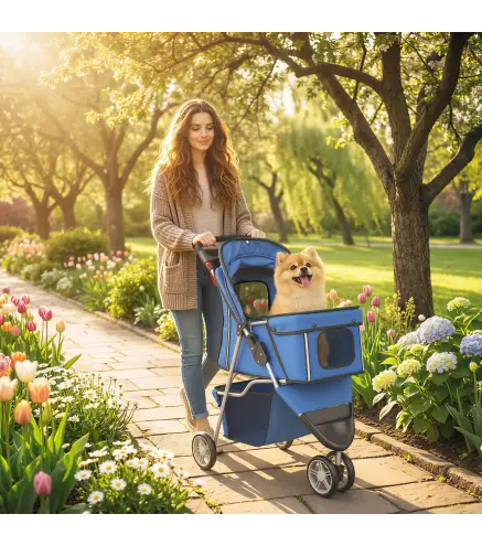 Carrito para Perros Pequeños con Cesta de Almacenaje Ventanas de Malla y Cinturón de Seguridad 77x44x102 cm Azul