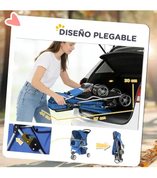 Carrito para Perros Pequeños con Cesta de Almacenaje Ventanas de Malla y Cinturón de Seguridad 77x44x102 cm Azul