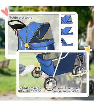 Carrito para Perros Pequeños con Cesta de Almacenaje Ventanas de Malla y Cinturón de Seguridad 77x44x102 cm Azul