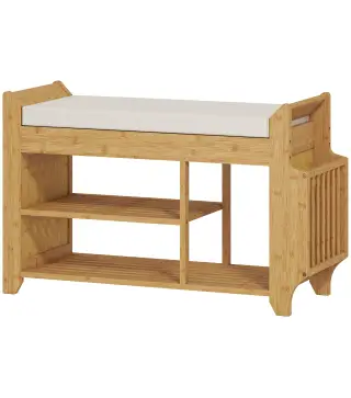 Banco Zapatero con Asiento Acolchado Almacenamiento Lateral Estante para Botas Marco de Bambú 80x30x50 cm Natural