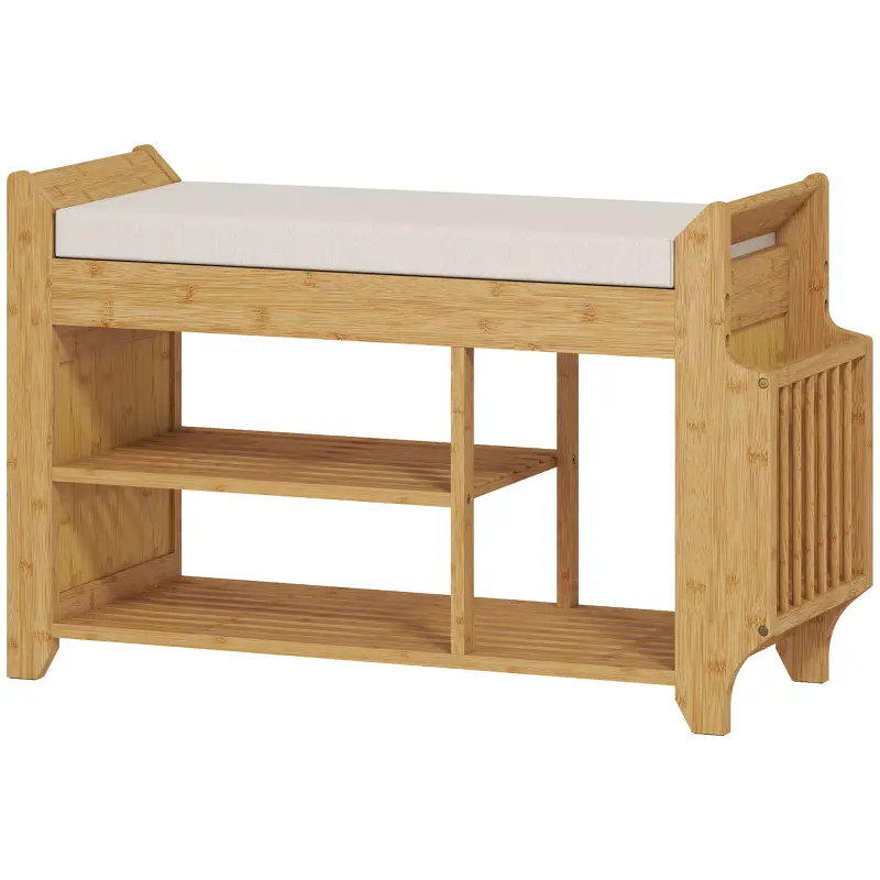 Banco Zapatero con Asiento Acolchado Almacenamiento Lateral Estante para Botas Marco de Bambú 80x30x50 cm Natural