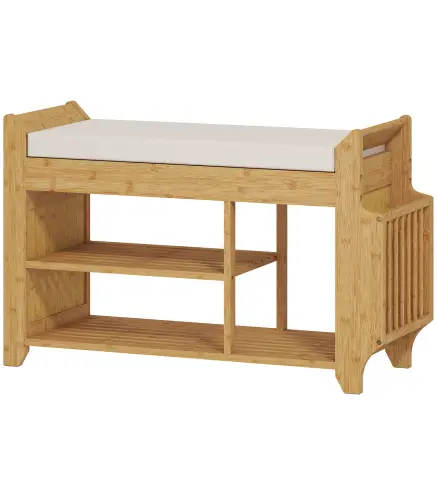 Banco Zapatero con Asiento Acolchado Almacenamiento Lateral Estante para Botas Marco de Bambú 80x30x50 cm Natural